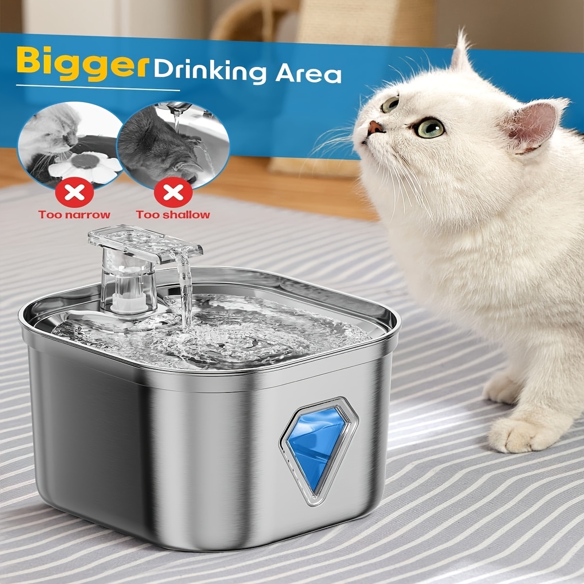Stainless Steel Cat Water Dispenser - 74 Oz/2.2 Liter, Silent Pump, Lighted Anti-Dry Burn, Complimentary Filter Cartridge, Indoor Pet Water Dispenser