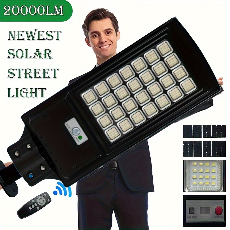 

2000lm Solar-powered Outdoor Led Street Light With Remote Control, Large Lighting, Metal Construction, Wall-mountable, 12000mah Battery, Energy- Solar Charging