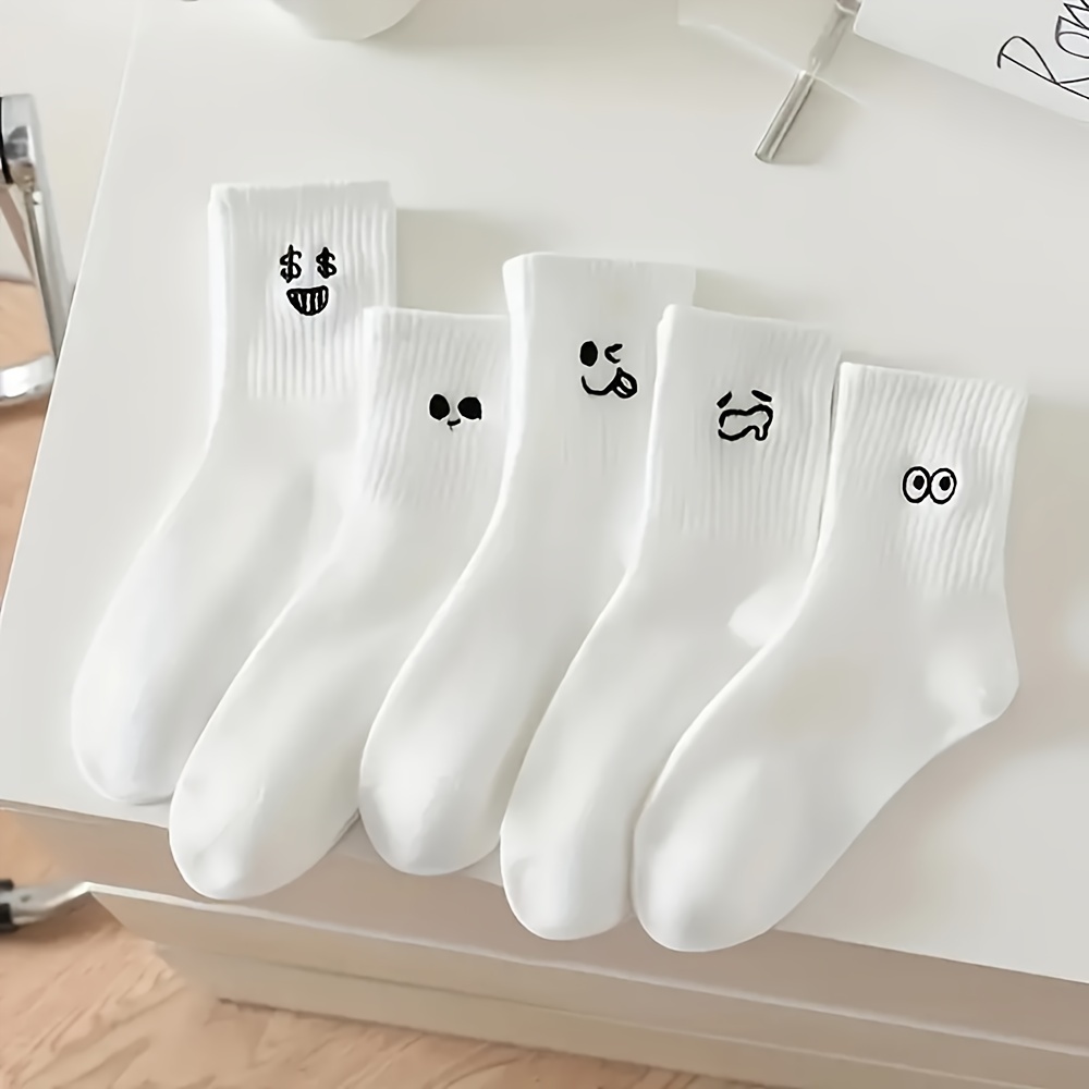 5 Pairs Women'S Mid-Calf Socks - Cute Cartoon-Themed Long Socks with Expressive Faces, Soft Breathable Warm Winter Socks for Everyday & Formal Outfits - Spring, Fall, Winter Fashion Accessories (5 Pairs), Cute Socks, Seasonal Fashion, Playful Design, Comfortable Fit, Trendy Socks, Fashionconscious Women