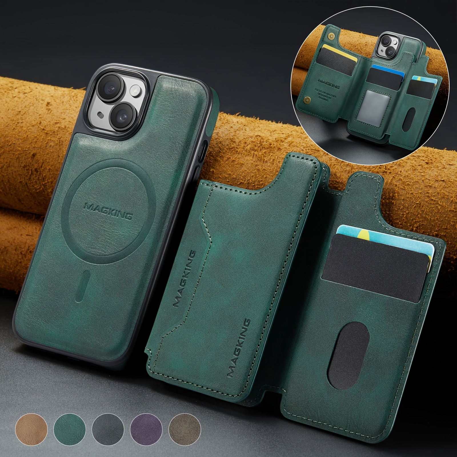 Custodia a portafoglio in pelle per iPhone 16 Pro Max con blocco RFID, chiusura magnetica, 4 scomparti per carte di credito, custodia antiurto con cinturino da polso per uomo/donna (marrone