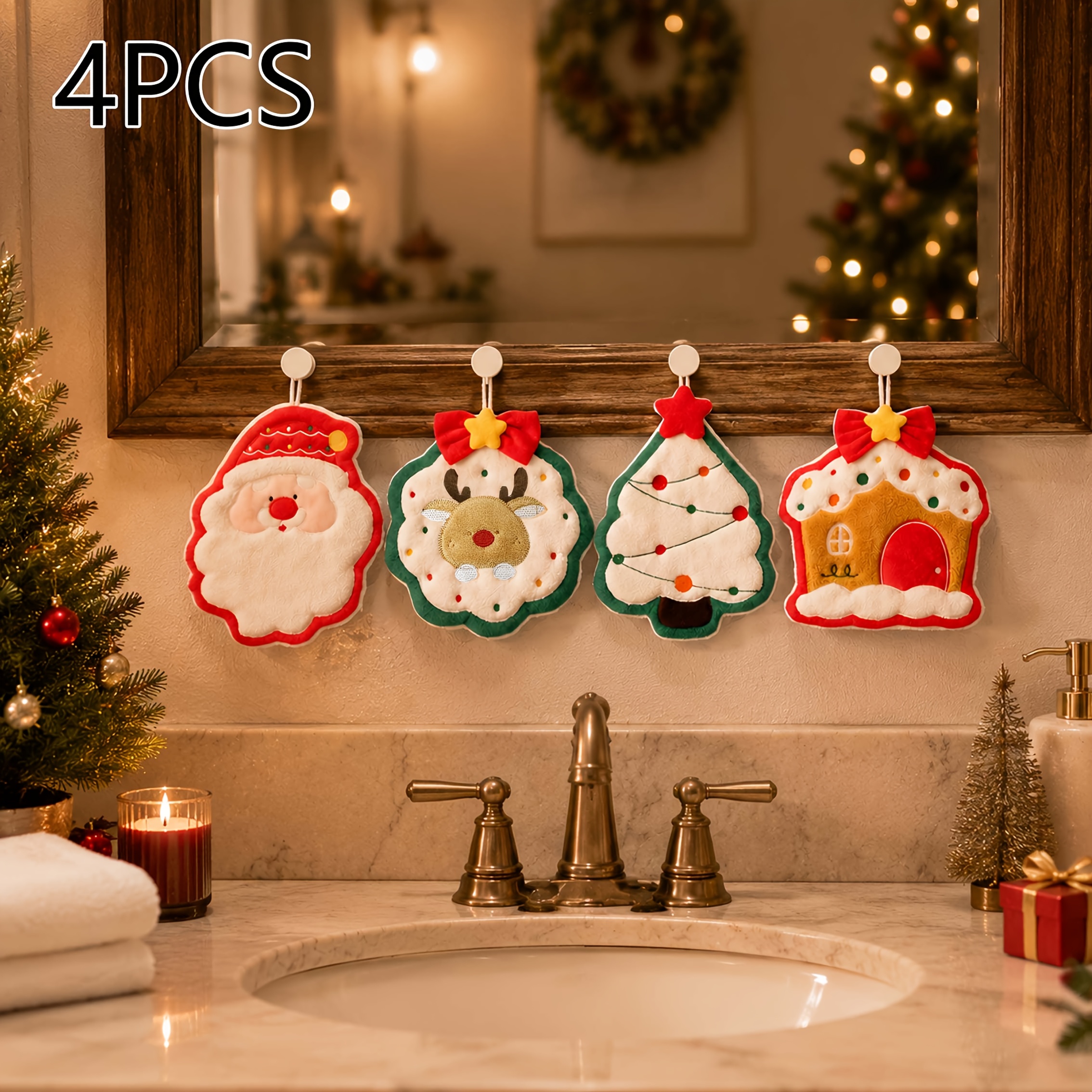 TEMU 4pcs Set Christmas Fingertip Towels, Santa Claus Fingertip Towels, Cute Bathroom Decorative Hanging Ornaments, Christmas Gifts