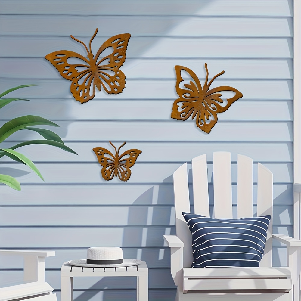 TEMU Ensemble Rustique de 3 Pièces en Métal Naturel Rouillé, Sculpture Murale Papillon en Fer pour Intérieur et Extérieur, Décoration Jardin Papillon