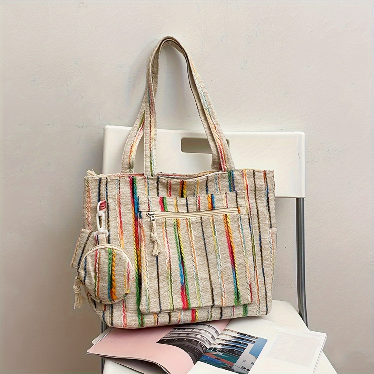 

Colorful Striped Pattern Tote Bag, Large Capacity Shoulder Bag, Women's Fashion Handbag For Commute Work