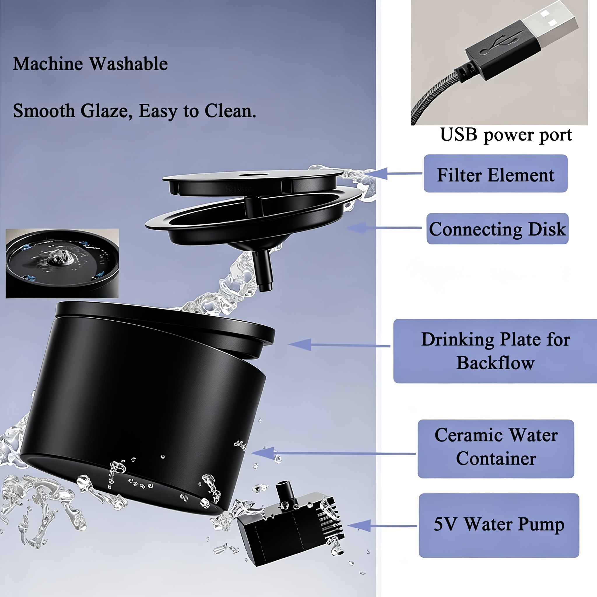 TEMU [filters Sold Separately]black Ceramic Pet Water Fountain, 4-layer Filtration, Automatic Dog Water Fountain For Cats And Small Dogs Drinking