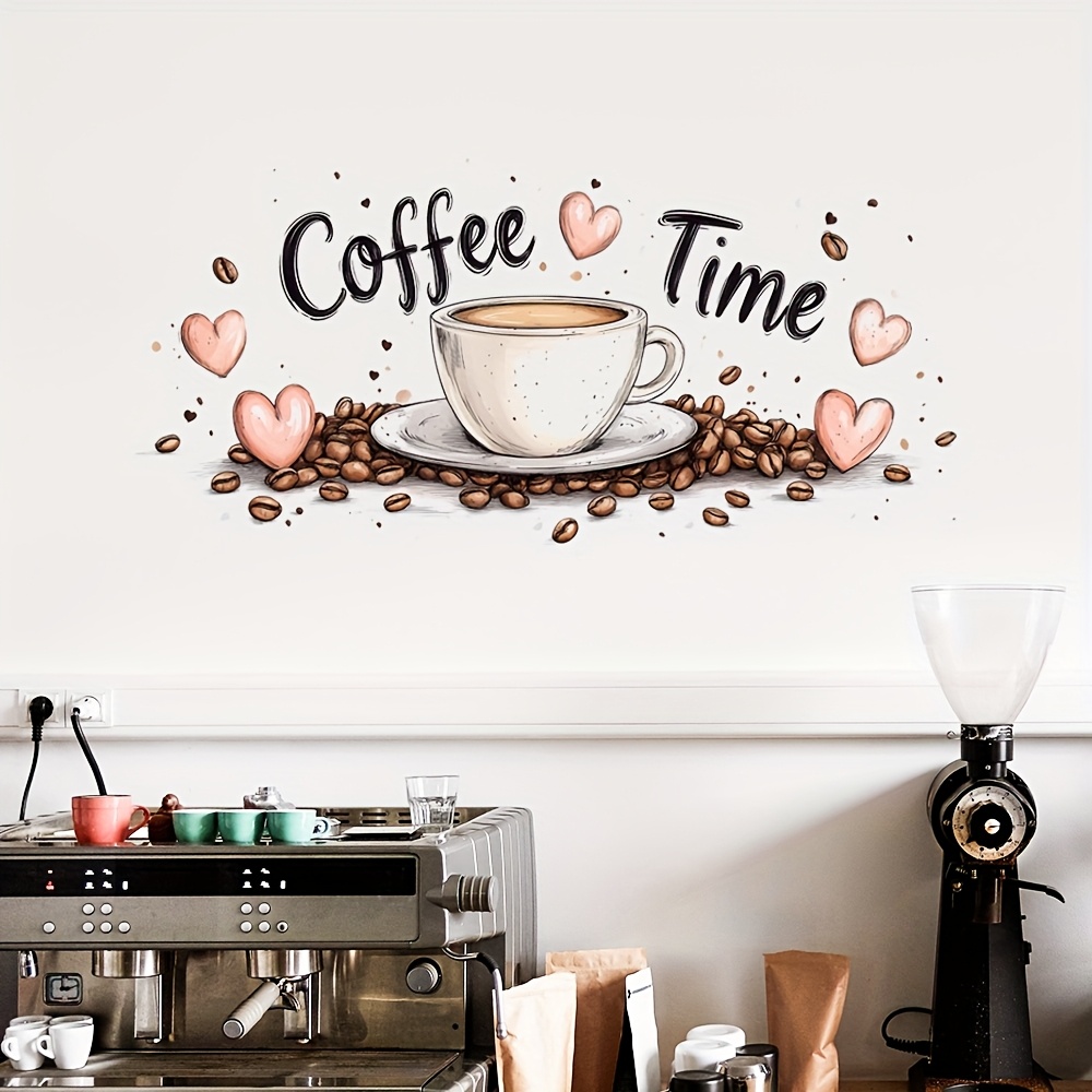 Coffee Cup Wall Decals - Self-Adhesive Coffee Beans & Hearts
