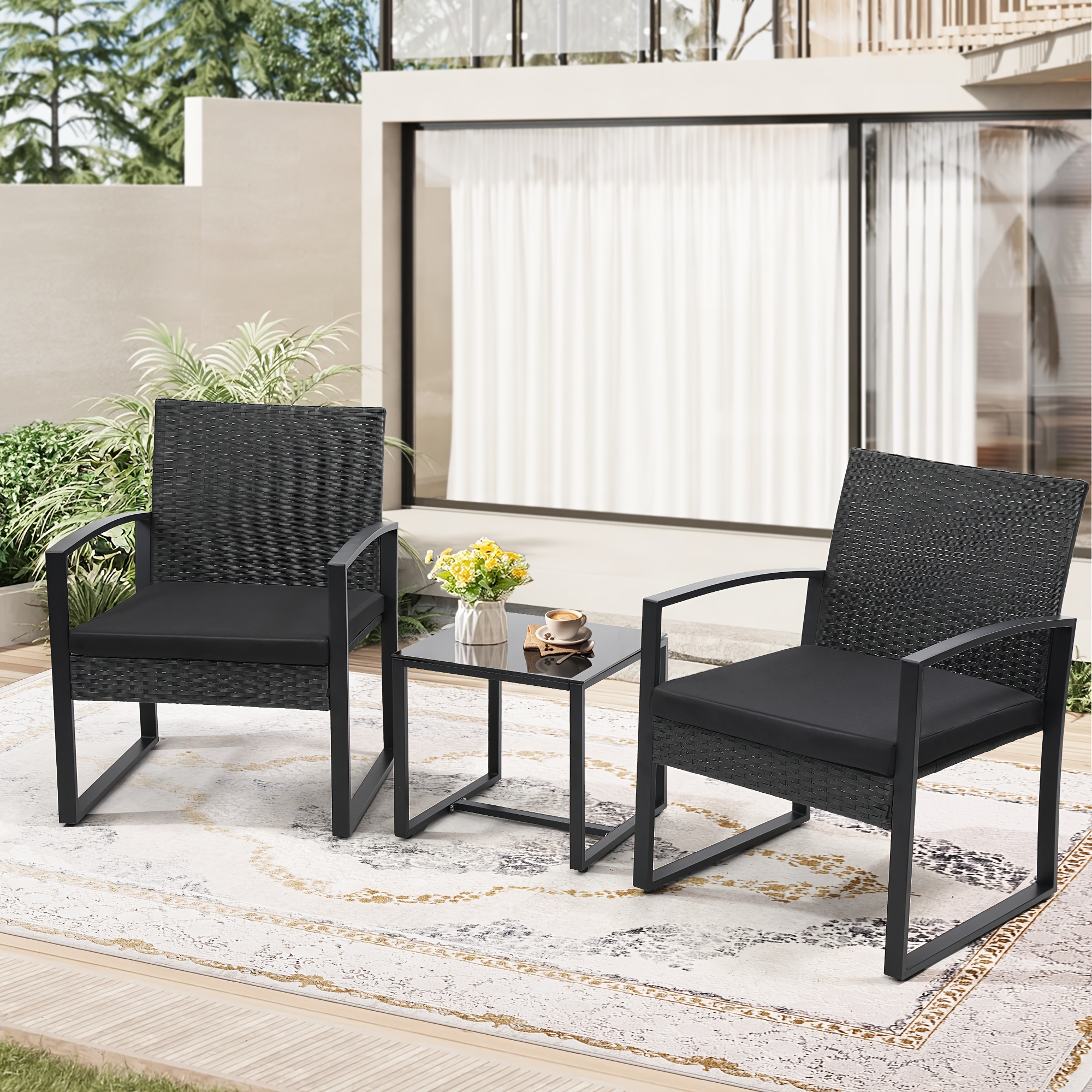 Outdoor Patio Furniture Set, Wicker for 3 People Conversation Set Includes 2 Waterproof Chairs, Thick Cushions and 1 Small Bar Table, Safety Glass Roof