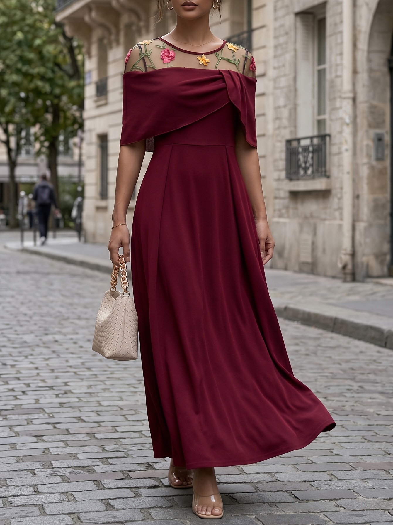 temu burgundy dress Elegant V-neck * Burgundy Dress, Spring/summer Knee-length Fashionable Trendy Elegant * Women's Dress