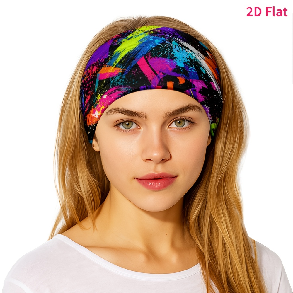TEMU 2d Flat 1pc New Style Hair Band, Neon Graffiti Splash Ink Color Blocking Pattern, Suitable For Yoga/fitness/daily Commute/makeup And Skincare,
