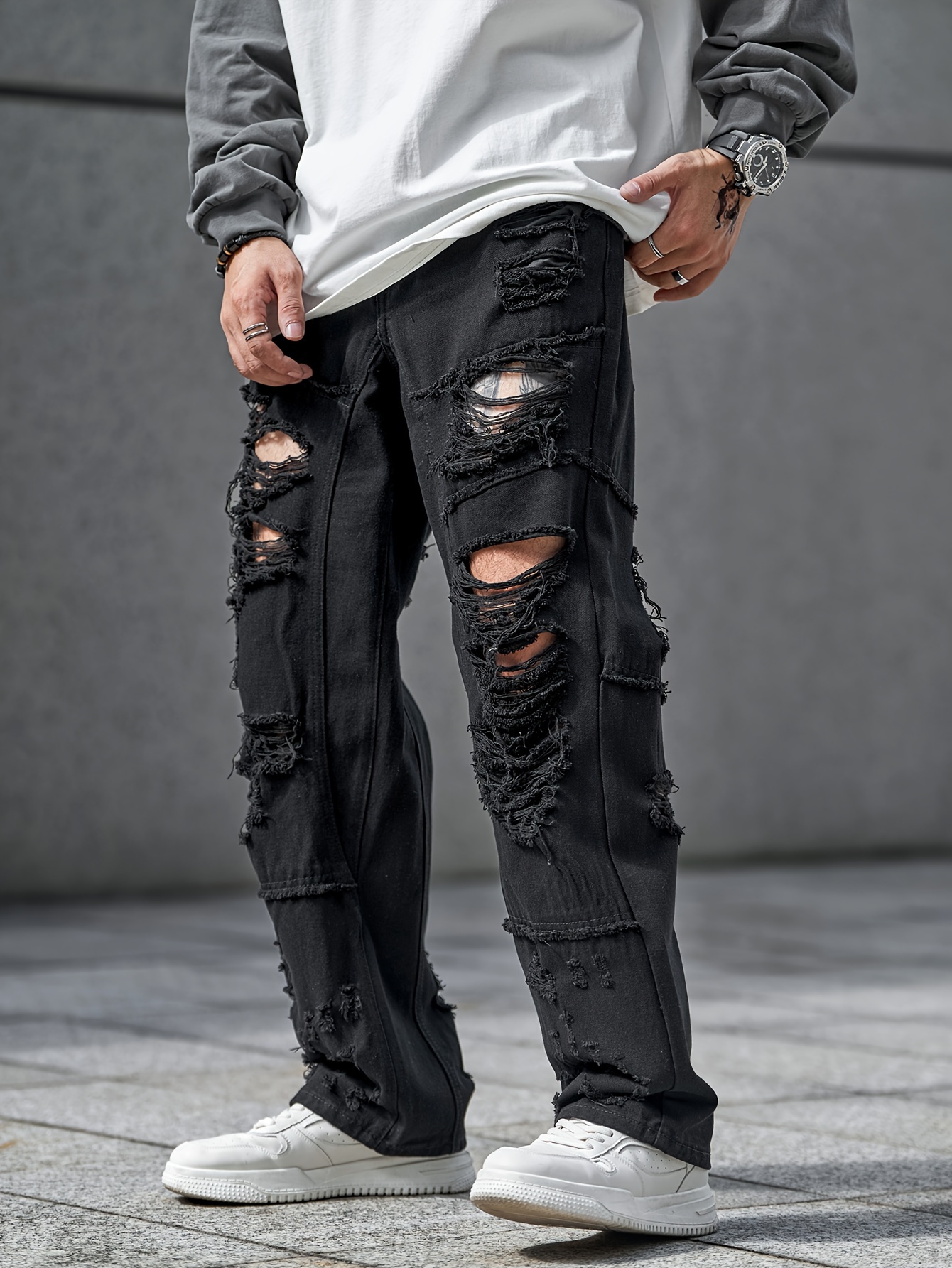 Black Ripped Mens Distressed Ripped Jeans Wide Leg Jeans Men Black