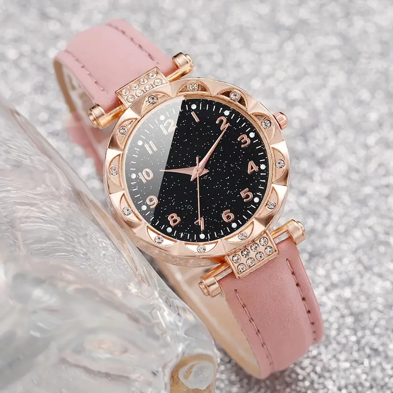 6pcs set womens shiny rhinestone quartz watch analog pu leather wrist watch butterfly jewelry set gift for mom her details 6