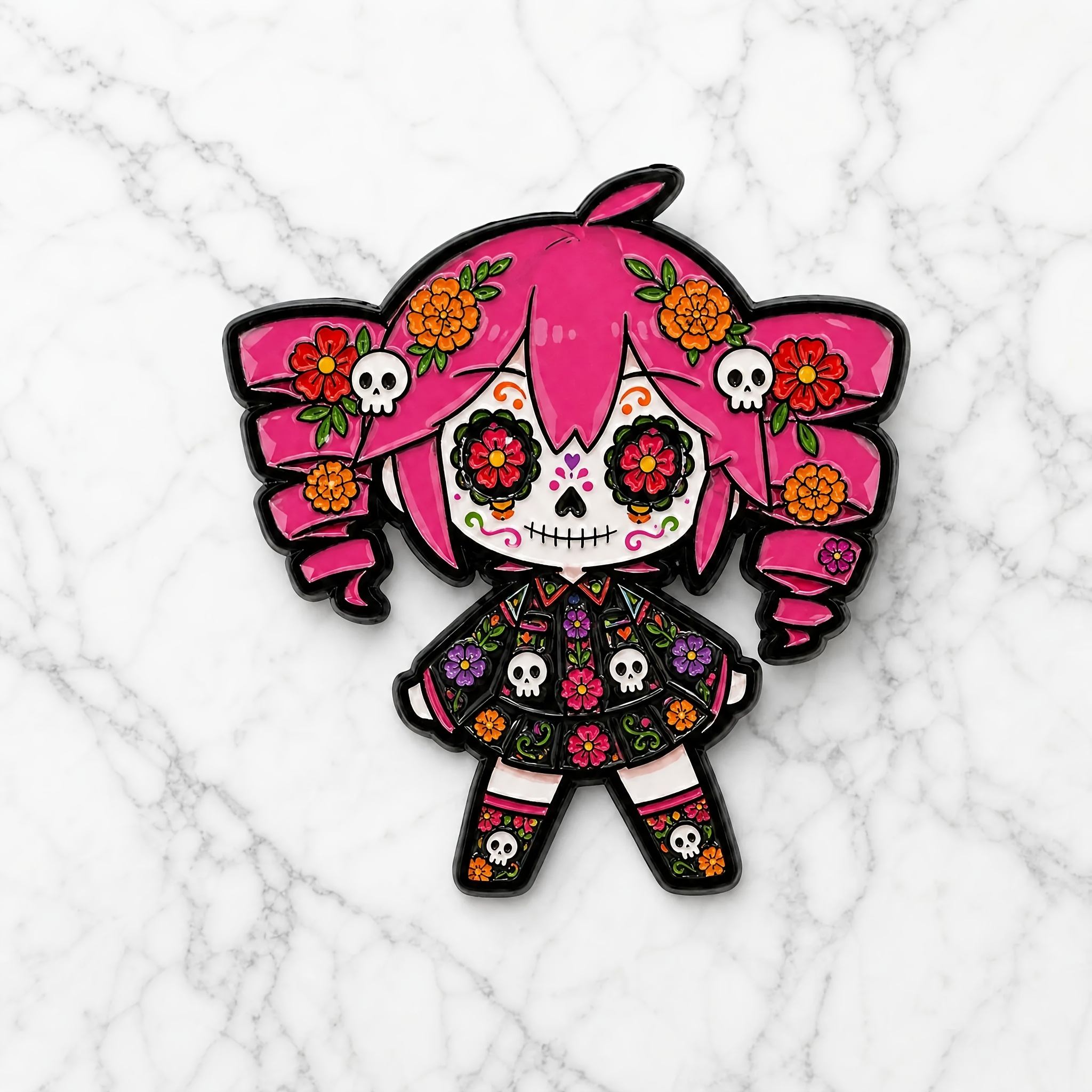 TEMU Style Pink Double Ponytail Patterned Skull Cartoon Badge Sugar Patterned Painted +full Body Floral Skull Integrated Design, Suitable For Denim