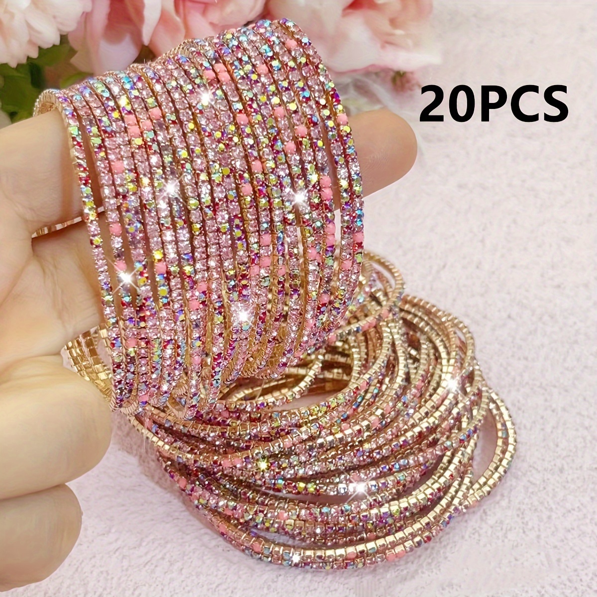 6/10/20pcs With Rhinestones, Y3 Sweet Pink 's Day Women's Stretch Bangle, Versatile For Daily Wear, Stackable