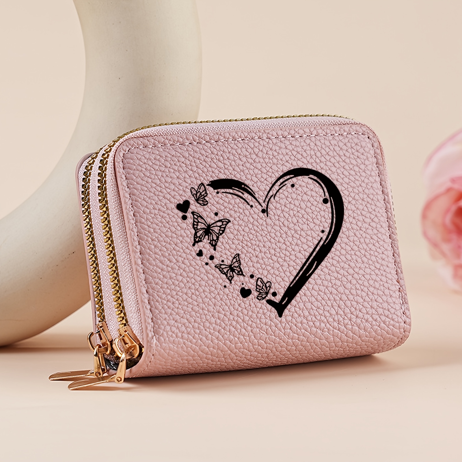 1pc Fashion Easy Versatile Double Zipper Wallet, Heart Print Design, Multi-functional Multi-card Slot Coin Purse, Portable Lightweight Card Holder, Suitable For Daily , Fashion Item, Gift For