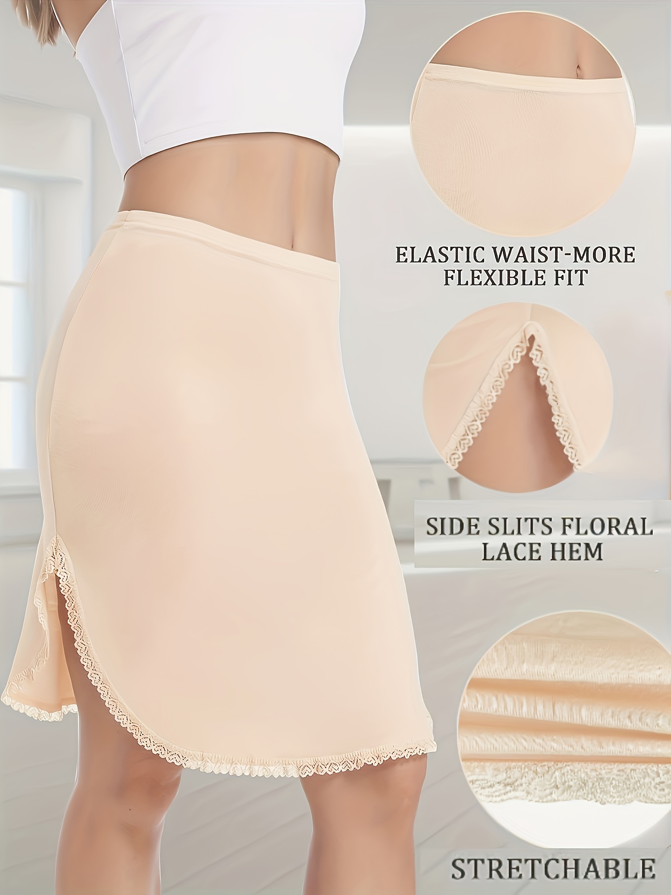 Lace Trim Solid Skirt, Side Split Stretch Half Slips Petticoat, Women's  Underwear & Shapewear