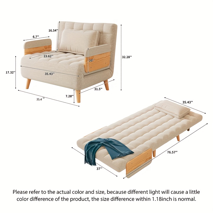 1 Modern Cotton And Linen Convertible Sofa Bed with 5 Adjustable Backs, Adjustable Height Pillows - Living Room Recliner, Single Or Double Use, Living Room Furniture Sofa | Neutral Home Decor | Wood Frame Sofa (Beige/Coffee)