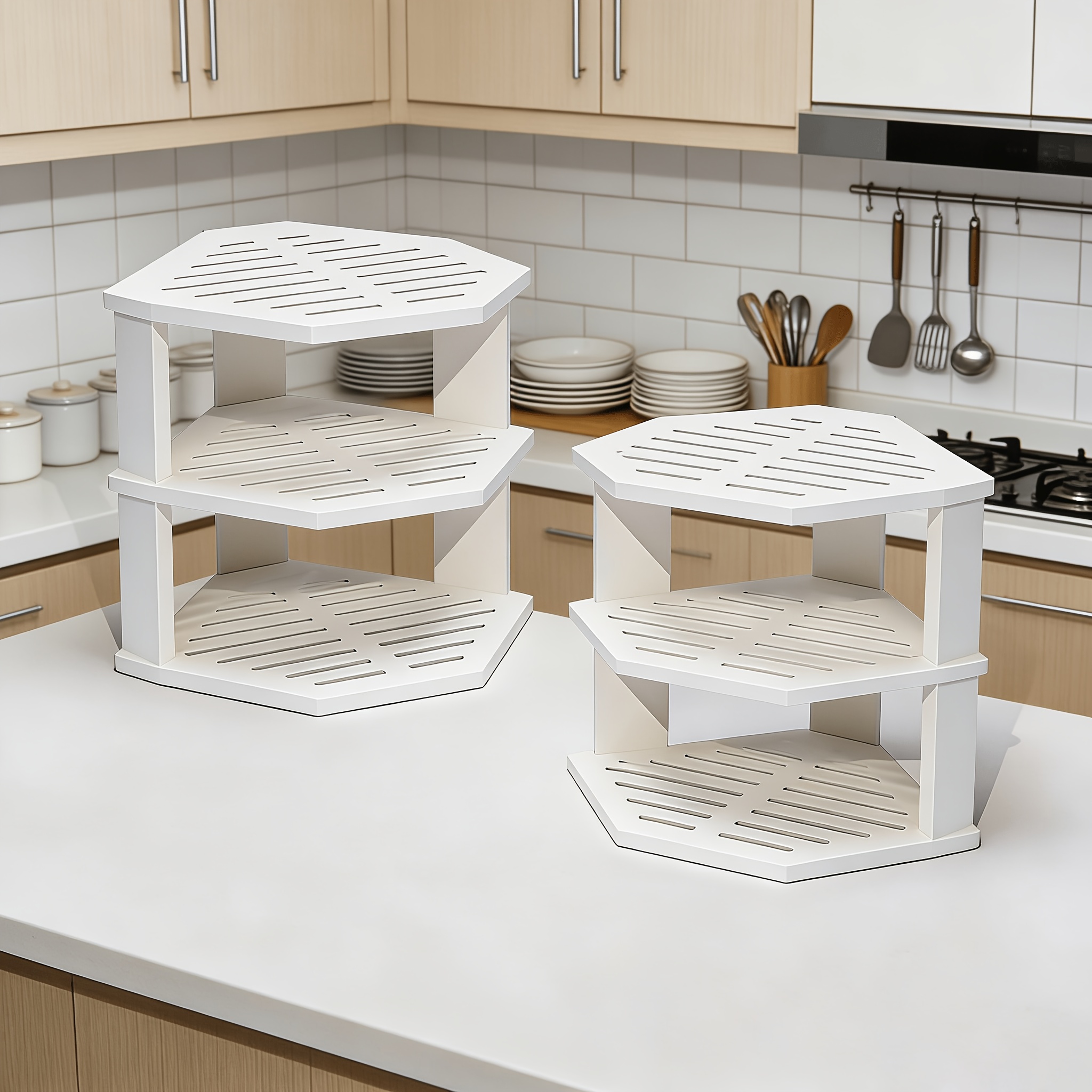 2pcs 3-tier Corner Cabinet Organizer Countertop Kitchen Corner Rack, Plate Organizer For Cabinet Space Saver, Dishes, Bread Pantry, Bathroom Storage Racks Or Countertop Racks, Corner Shelves