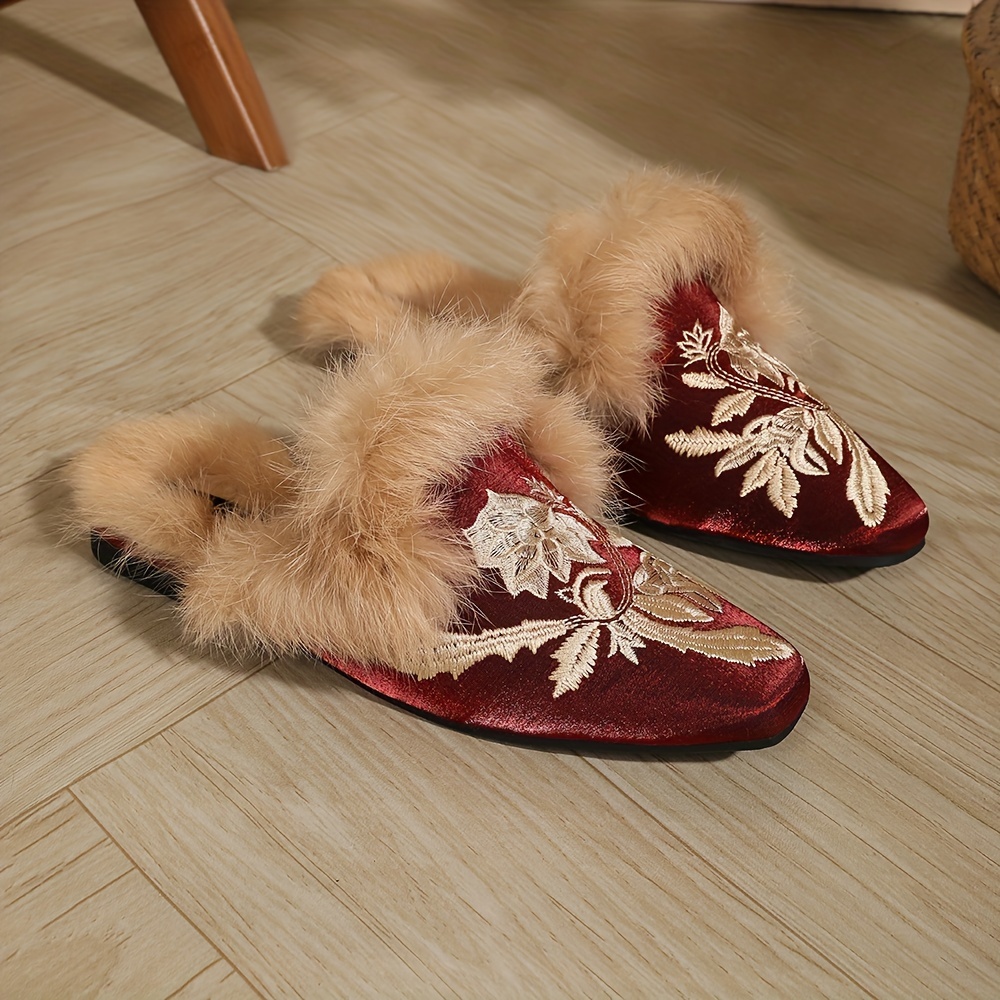 

Embroidered Chinese 's Slippers Rabbit Fur And - Non-washable -on Slippers For And , Fur , Padded Middle - Huizhou