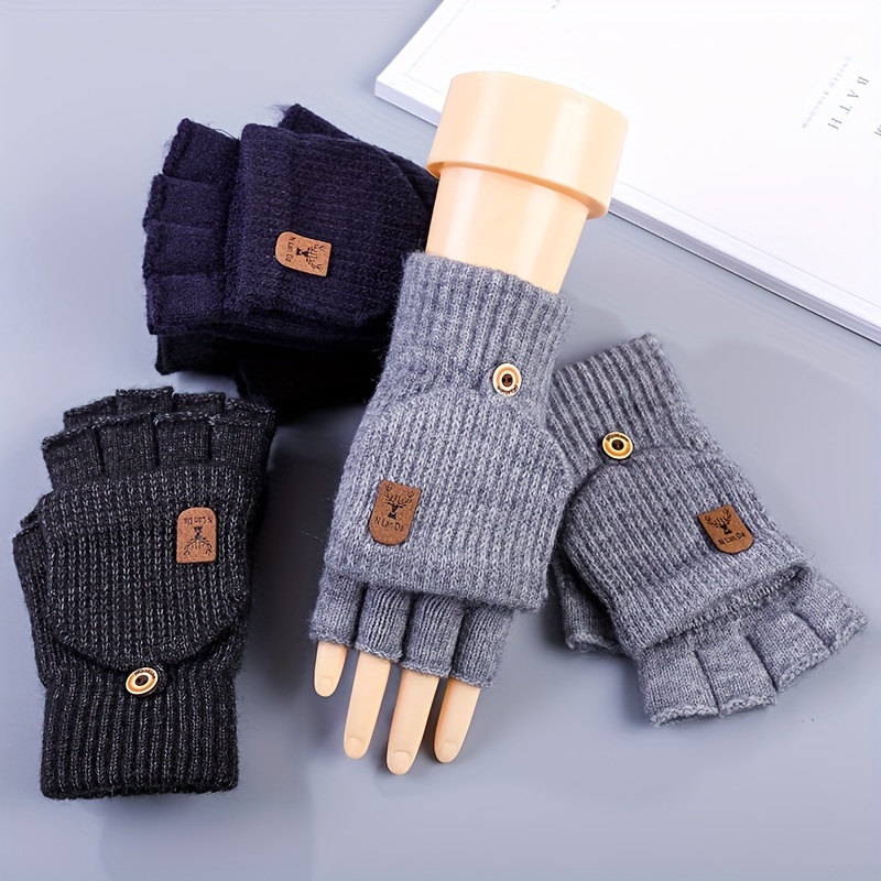 

1 Pair Cozy Knit Half-finger Gloves - Touchscreen Friendly, & Soft For Days, -and-loop Closure, In Black/navy/gray With Wooden Button Detail - Ideal Gift