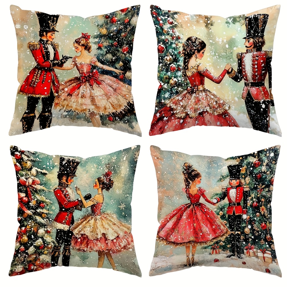 TEMU 4pcs, Christmas Theme, Printed With Nutcracker And Ballet Dancer Pattern, 17.72 Inches * 17.72 Inches, Suitable For Home Sofa Decoration, Home