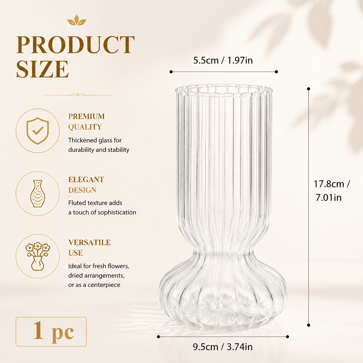 TEMU Glass Vase 1pc, Elegant Ribbed Vase For Home Decor, Wedding Centerpiece, Party Table Decorations, Clear Decorative Vase For , Dried Flowers &