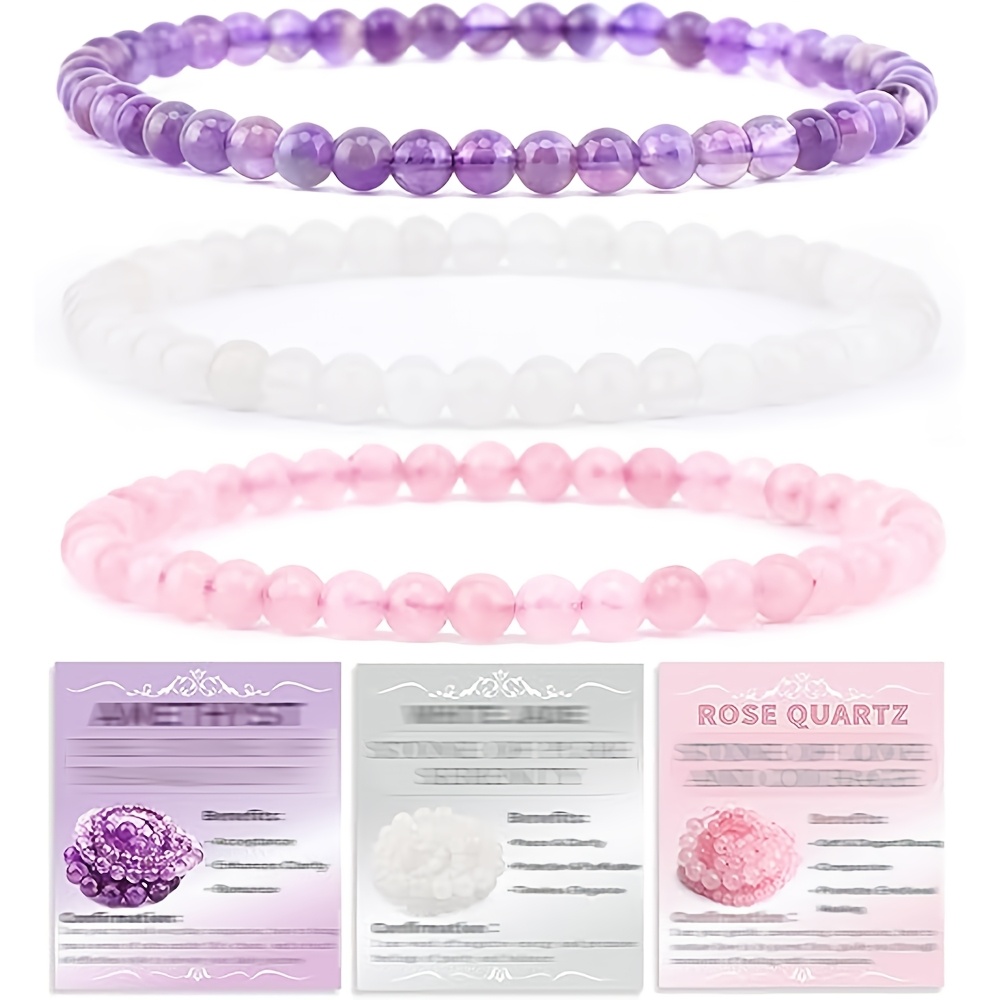 TEMU 3pcs 4mm Bohemian-style Elasticated Bracelet Made Amethyst And Rose Quartz, Symbolizing And â For Casual Attire Or As A Gift.