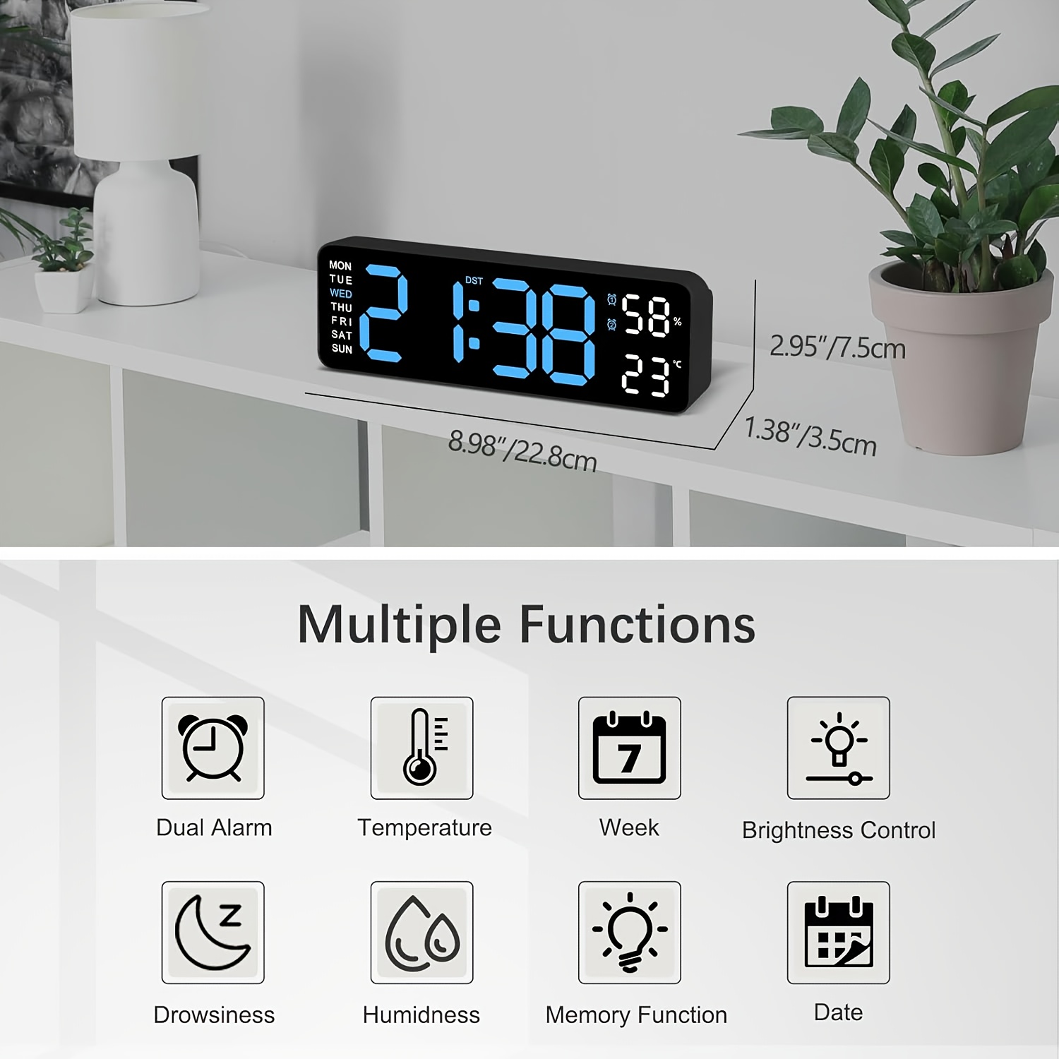 

Digital Wall Clock With Large Screen, Corded Electric & Usb Powered, Rectangle Plastic Clock, Dual Alarm, Temperature, Humidity, Week & Date Display, With Manual Shut-off, For Desk Alarm