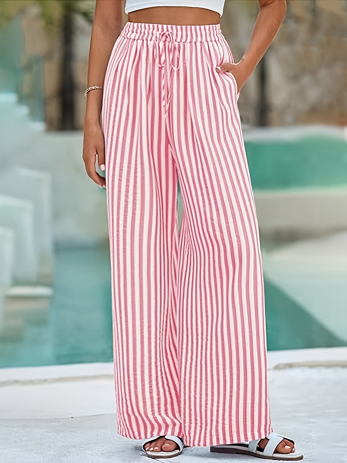 womens trousers elastic waistband printed lightweight wide leg pants womens   wide leg pants with pockets