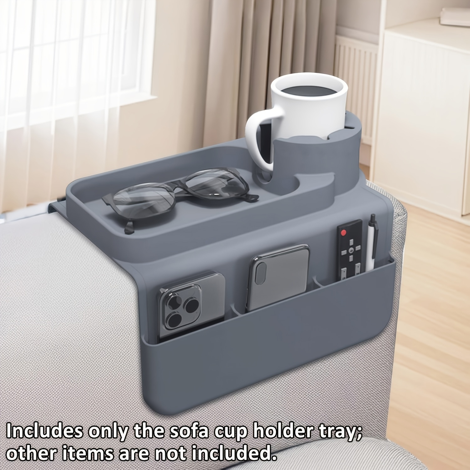 TEMU soporte para vasos con bandeja para sofá bolsillos para guardar controles remotos, teléfonos, tabletas o snacks. Es a prueba de derrames y