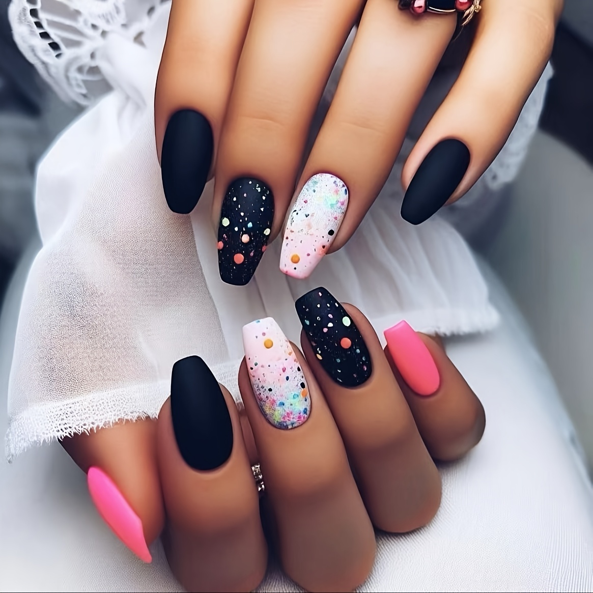 TEMU Women's Nail Set, Black White Pink, False Nails, Ballet Style, Medium Long Length, Solid Colors, Multicolor Dots, Matte End, Detachable, , Reusable, Suitable For Women
