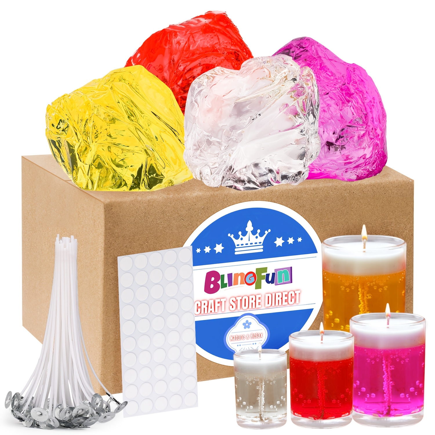 

Kit de Fabrication de Bougies en Gelée BlingFun, 100g de Gelée Transparente Douce x4pcs, Mèches de Cire x50, Autocollants de Mèche x50 pour la Fabrication de Bougies Parfumées et l'Artisanat de Cire