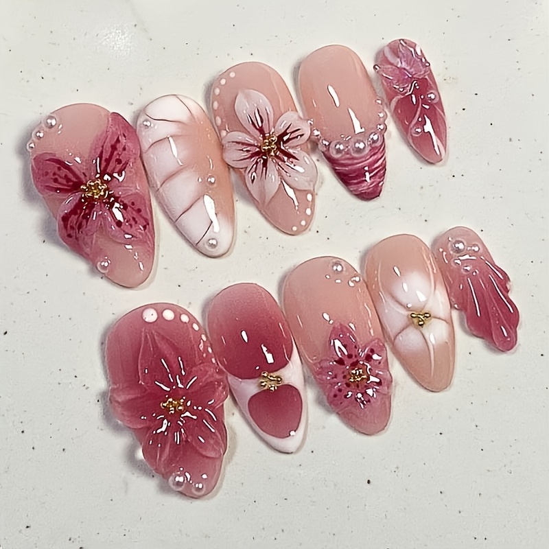 Set of 10 Medium Almond-Shaped Press-On Nails Featuring a 3D Floral Pink Ombre Design Adorned with Rhinestones. These Glossy Full-Cover Fake Nails Are Elegant And Reusable, Making Them a Perfect Choice for Women Attending Weddings, Parties
