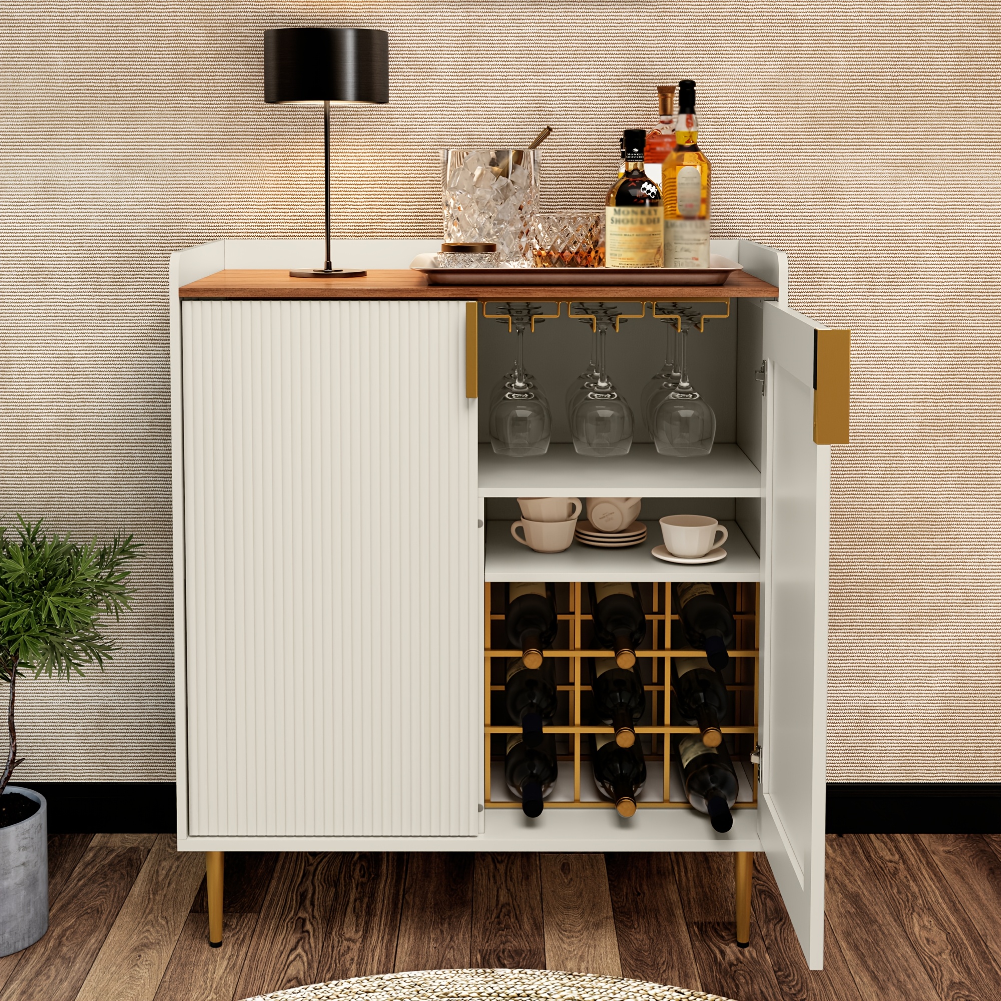 Image of Modern Bar Cabinet With Drawer, Liquor Cabinet With Wine Glass Racks And Shelves, Wood Buffet Sideboard For Dining Room, Living Room, Kitchen
