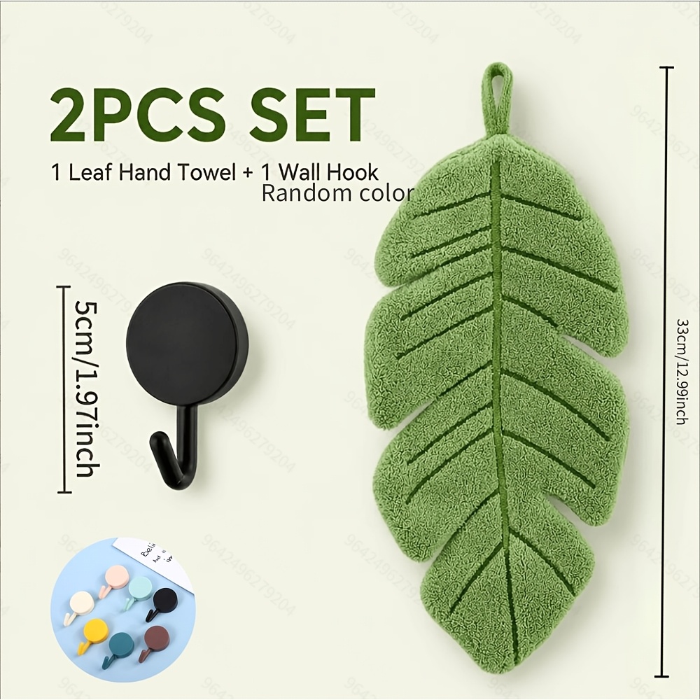 TEMU 2pcs Leaf-shaped Hand Towel Set With Wall Hook (1pc Hand Towel And 1pc Random Color Wall Hook), Soft Absorbent Hanging Towel, Suitable For