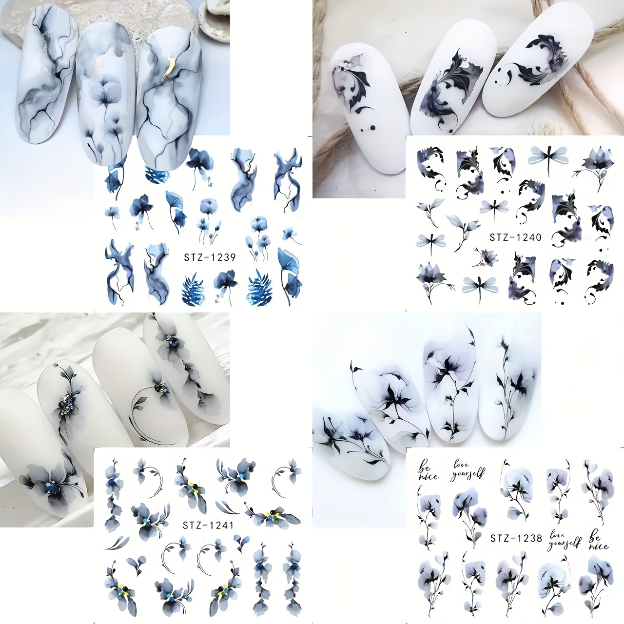 4pcs Abstract Floral Nail Water Transfer Stickers, Self-adhesive Nail Art Decals For Women And Ladies Diy Nail Supplies