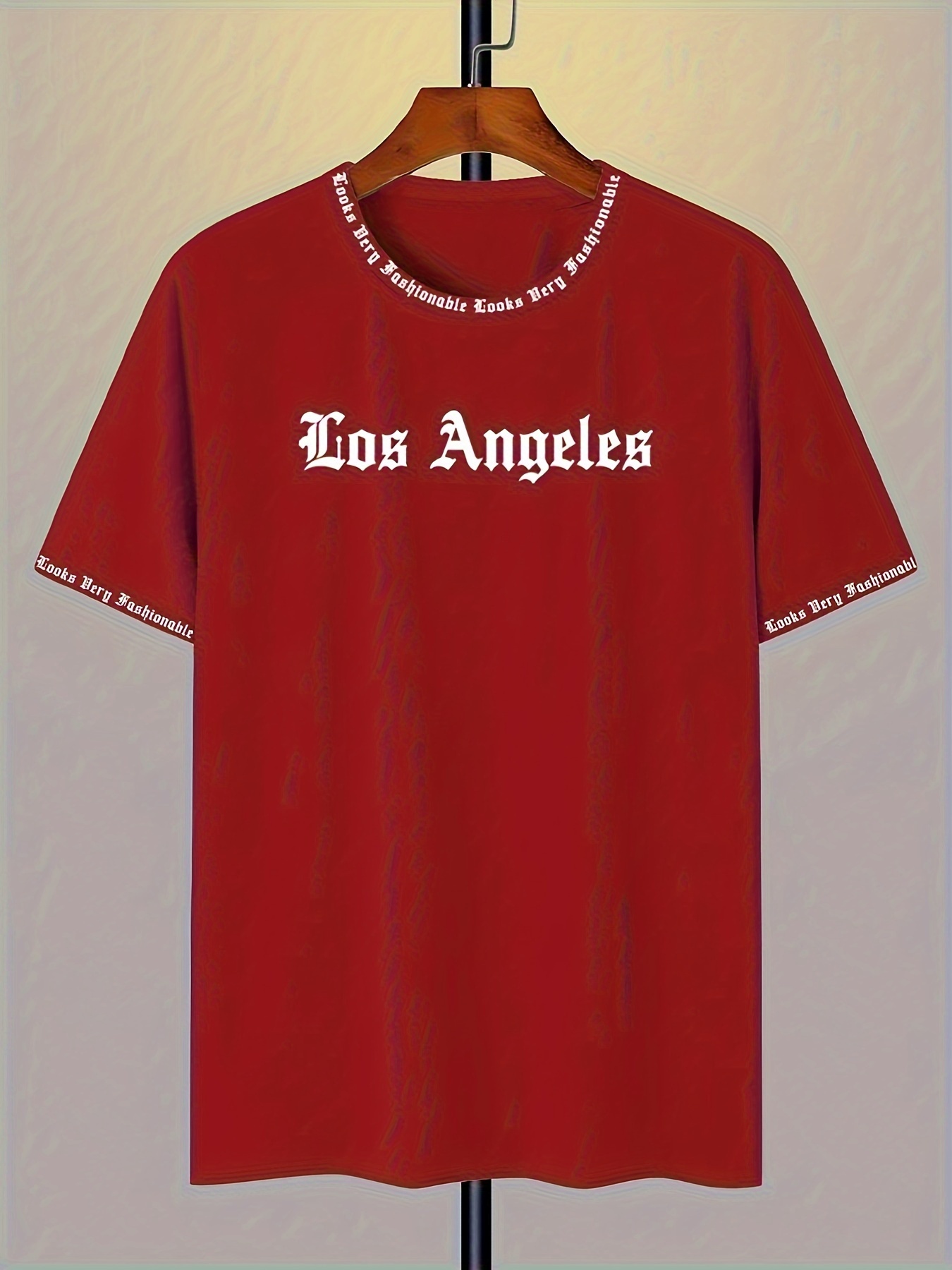 Men'S Los Angeles Graphic T-Shirt - Red Casual Short Sleeve Tee with Bold White Print, Soft Polyester Fabric, Round Neck, Perfect for Summer Outings, Casual Attire | Bold Graphic Tee | Smooth Texture