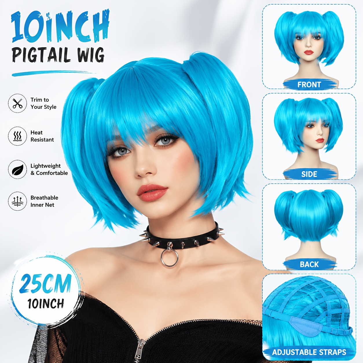 TEMU 10- Bob Wig With Detachable Double Ponytails, Heat-resistant Synthetic Cosplay Wig For Women, Anime Colored Costume Wig For Halloween Party