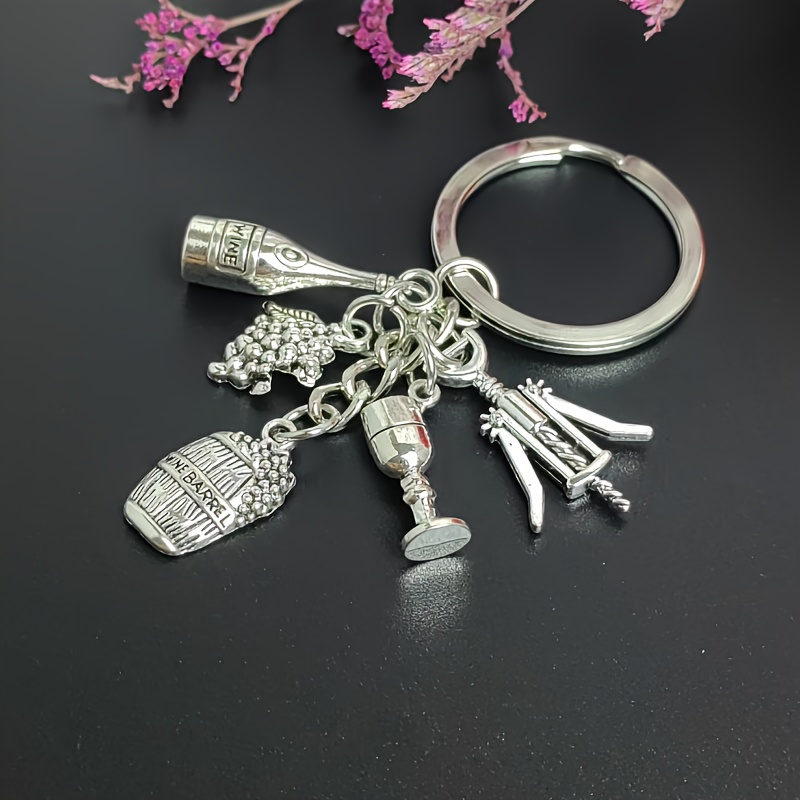 Red Wine Theme Keychain With , Bottle, Grape, And Corkscrew - Perfect Gift For Wine Lovers, Ideal As A Bag Charm Or Car Keychain Accessory