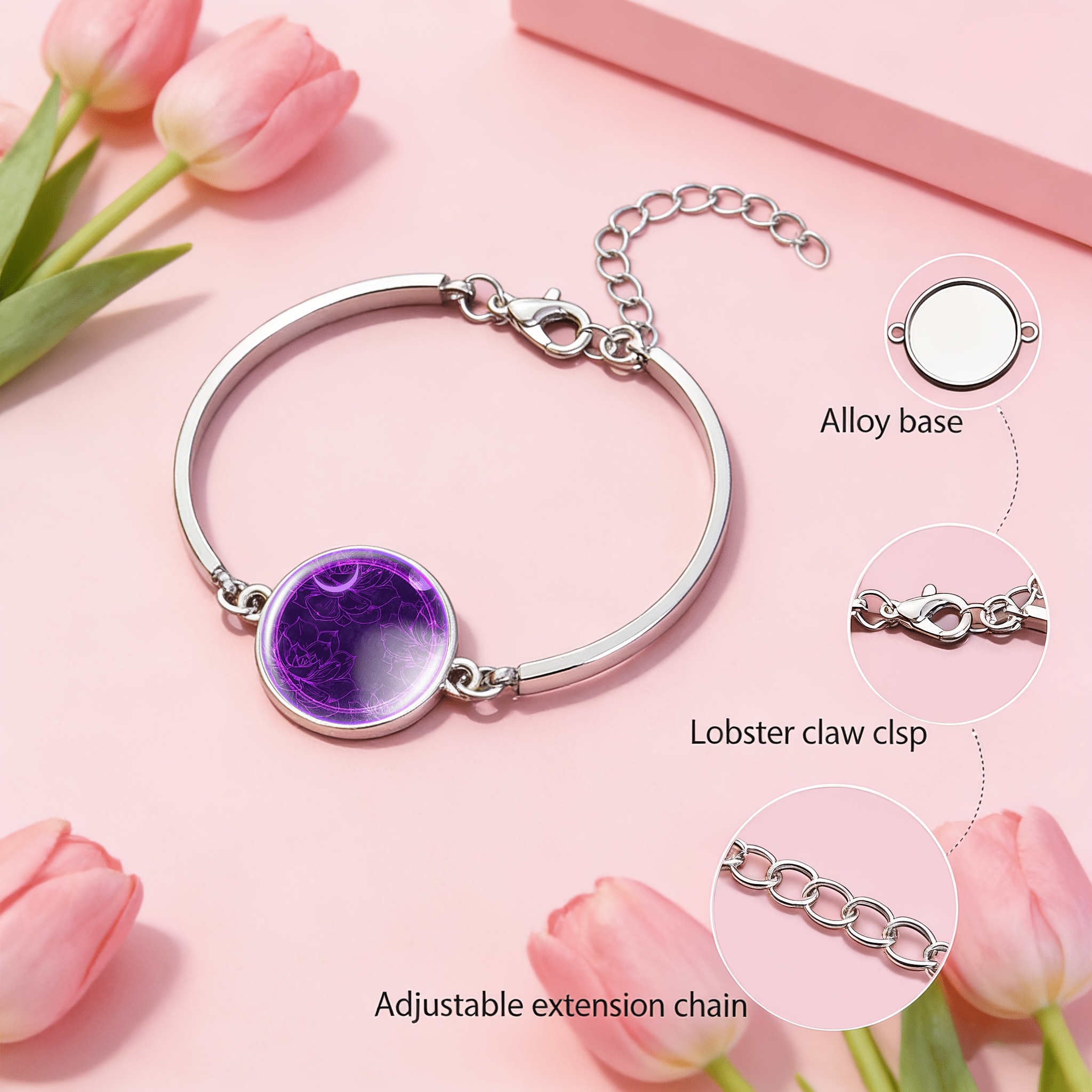 Women's Adjustable Bangle with Classic Round Time Gemstone Inlay