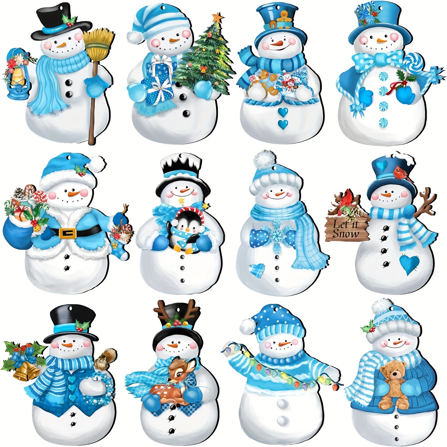 

12pcs Set Of Christmas Snowman Ornaments: Seasonal Wooden Decorations For Your Christmas Tree