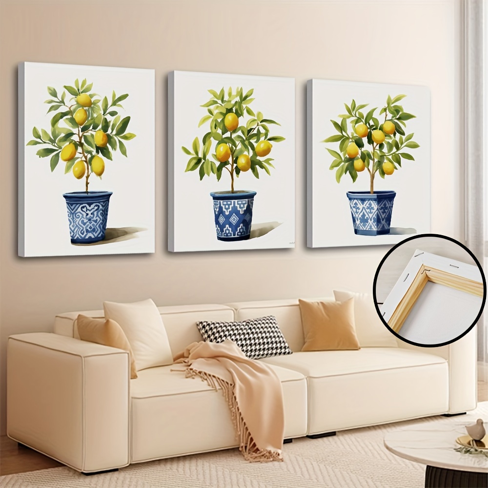 

3pcs/set Wooden Framed Canvas Poster, Modern Art, Lemon Potted Plant Poster, Ideal Gift For Bedroom Living Room Corridor, Wall Art, Wall Decor, Winter Decor, Room Decoration