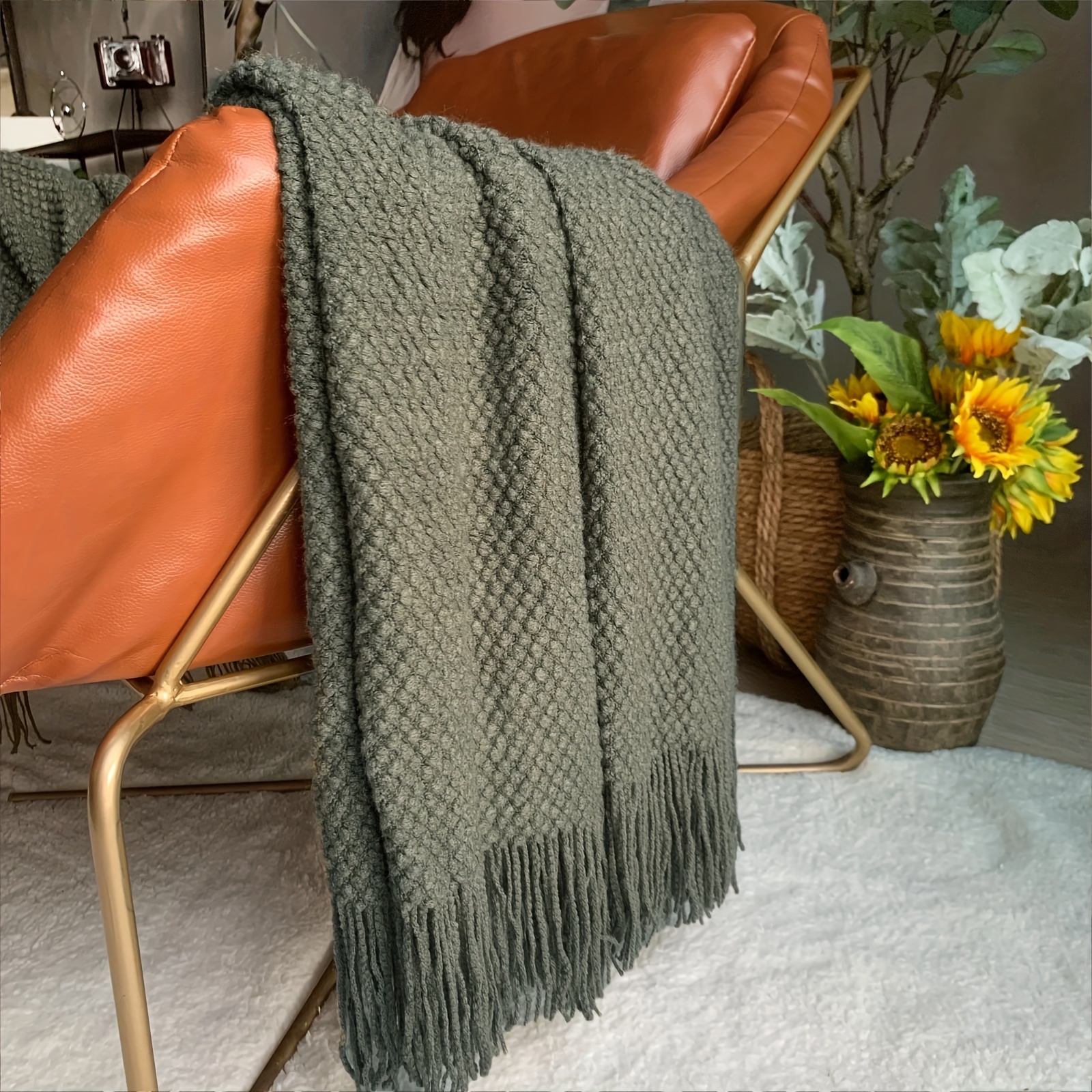 Image of Olive Green 60x80 Inch Popcorn Throw Blanket, Fringed Textured Blanket, Lightweight Summer Air Conditioner Blanket, For Family
