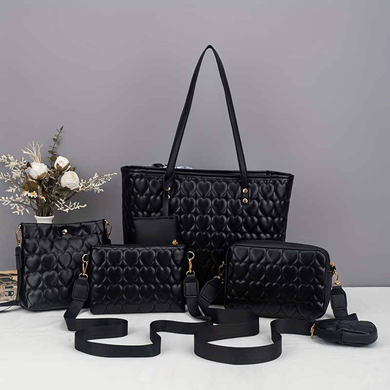 Stylish And Trendy Heart-Shaped Flower Tote Bag Set of Six | Versatile Lightweight Crossbody Bag | Multifunctional Casual Bag | Classic Hardware Decoration, Exquisite Scarf Perfectly Combining Fashion And Practicality | Essential for Travel And Outings | Complete Set of Single Shoulder Bag, Handbag, Tote Bag, Bucket Bag, For Teenager