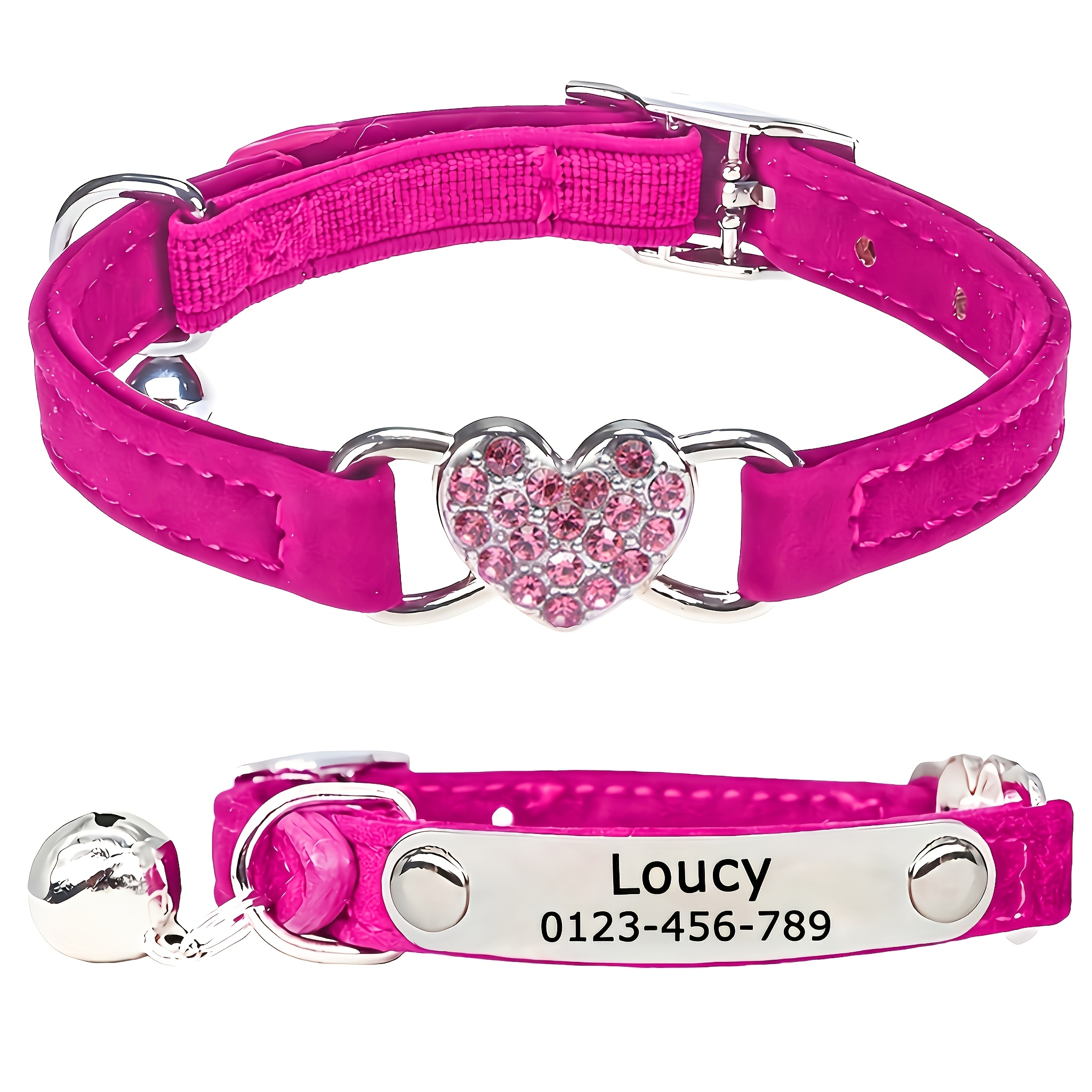 E-shop Personalisiertes, verstellbares Katzenhalsband mit -Diamant-Herzmuster - Sicherheits-Halsband für Welpen, individueller Name, Telefon, Adresse -