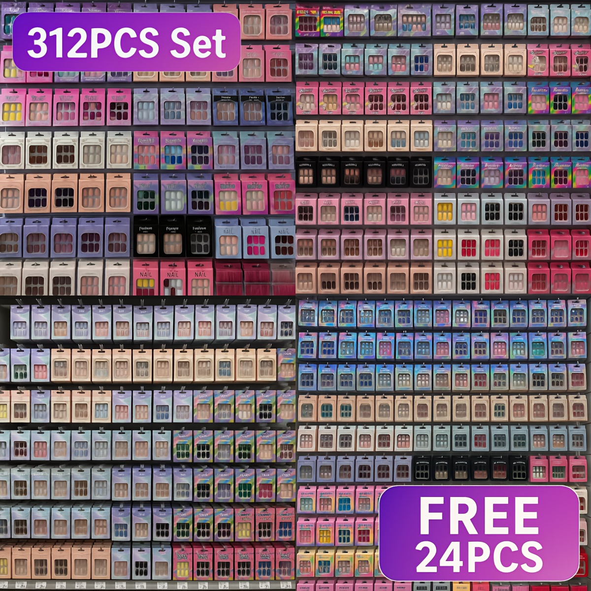 TEMU 312pcs+24pcs Press On Nails Stylish Almond Shape Mixed Color Glossy Finish Middle Length Ideal For Women And Nail Art Essentials Look Embellishments False Nails For Manicure