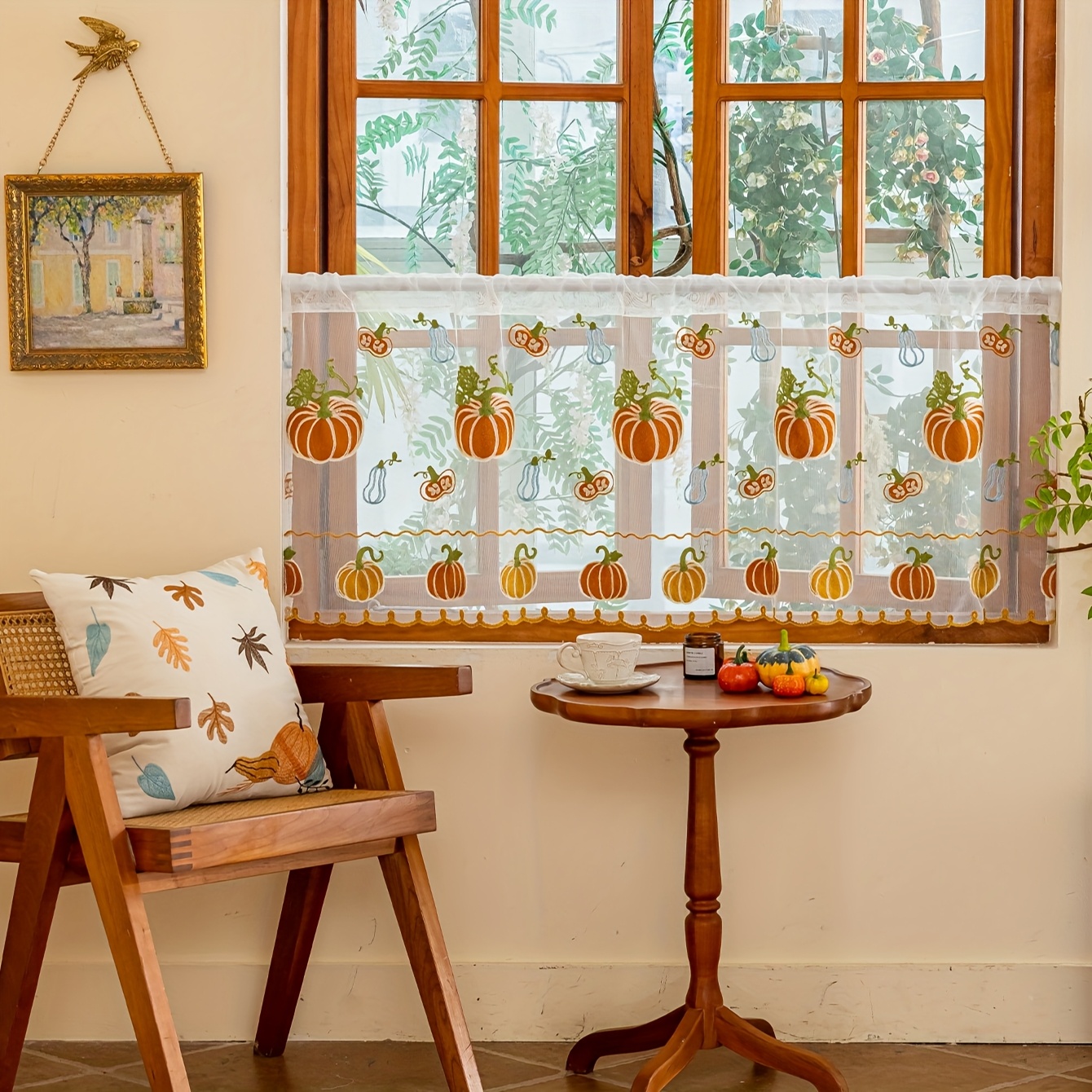 TEMU 1pc Pumpkin Autumn Festival Embroidered Colorful Sheer Curtain With Rod For Easy Hanging, Perfect For Living Room And Bedroom Decor Curtains For