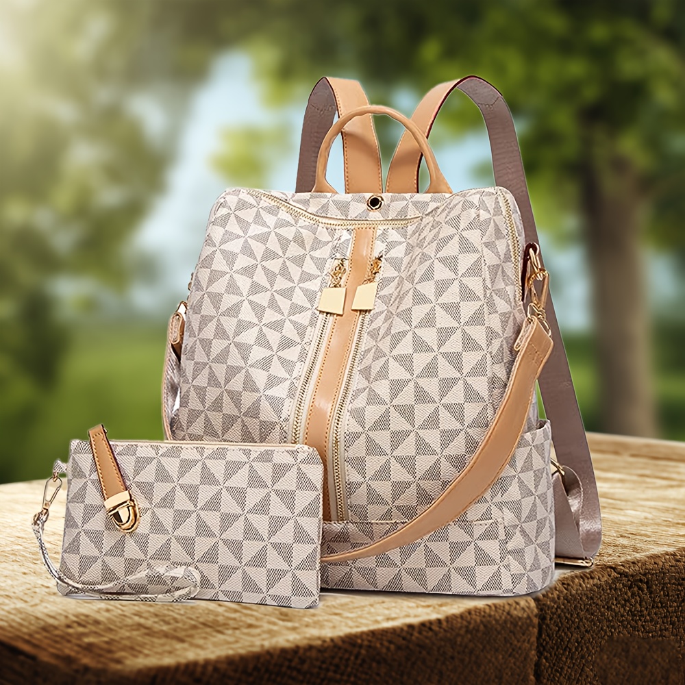 TEMU Women Backpack Wallet Synthetic Leather Travel Satchel Handbag Bag With Wallet 2pcs Set