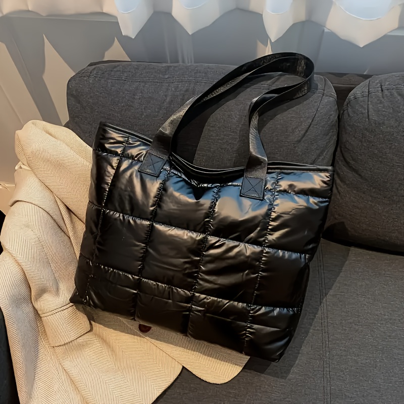 Chic Large Capacity Quilted Tote Bag - Fluffy Solid Color Shoulder Handbag For Work, Zip Closure, Nylon Material - In Silvery Gray/black