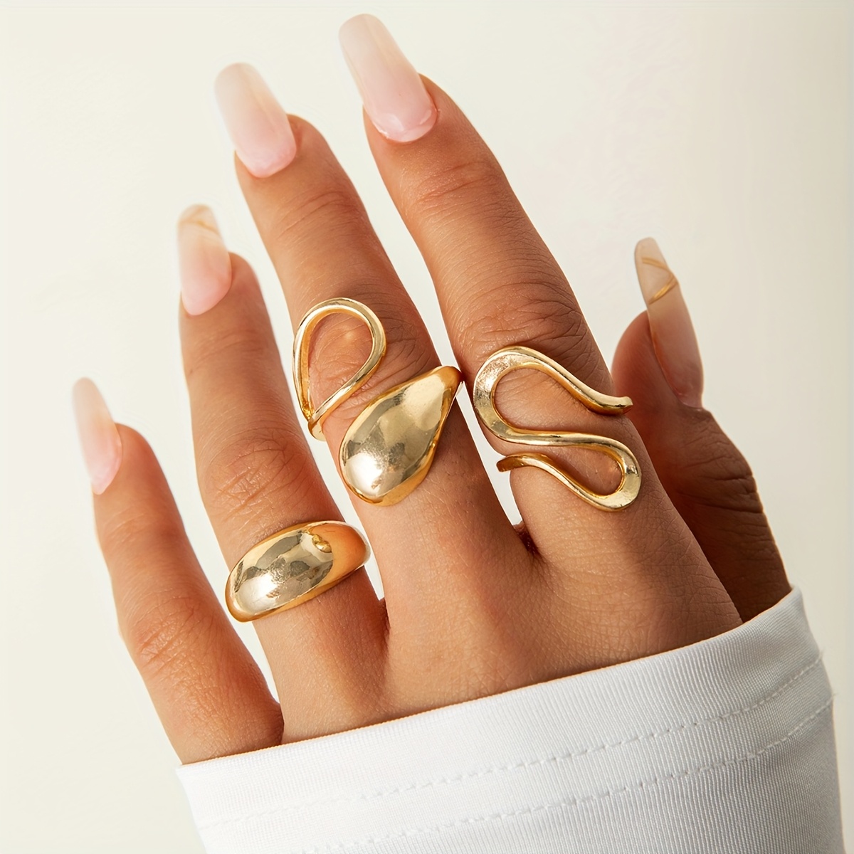 3pcs Set Of Simple And -style Irregular Line Teardrop Glossy Open-end Women's Ring Set, Suitable For Daily Wear, Dances, Parties, And As A Gift For