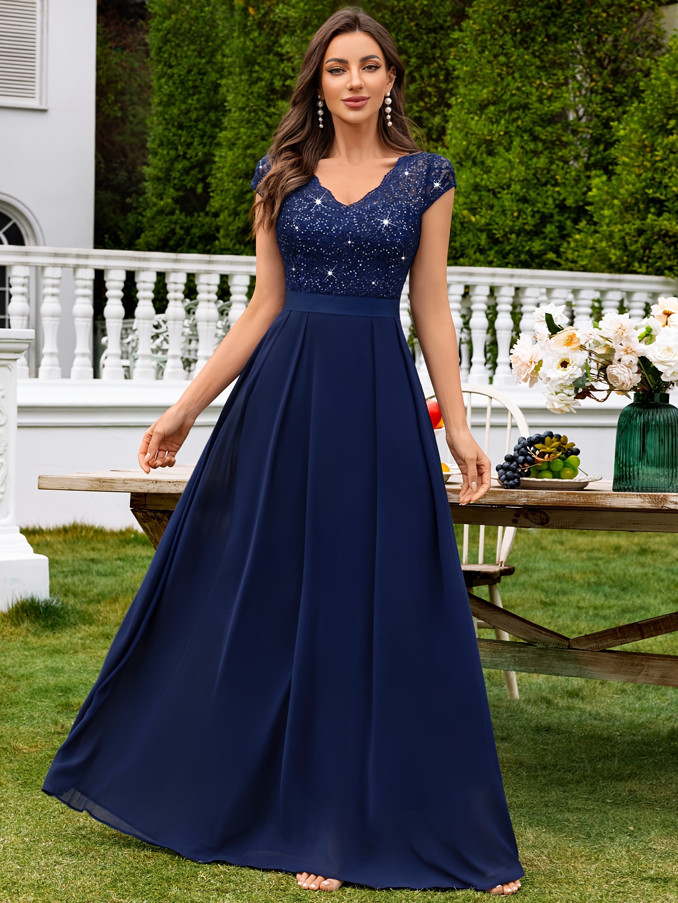 54406A Ženska elegantna haljina za djevojke s šljokicama, čipkom, V-izrezom, kratkim rukavima i šifonskim rubom, za vjenčanja i zabave
