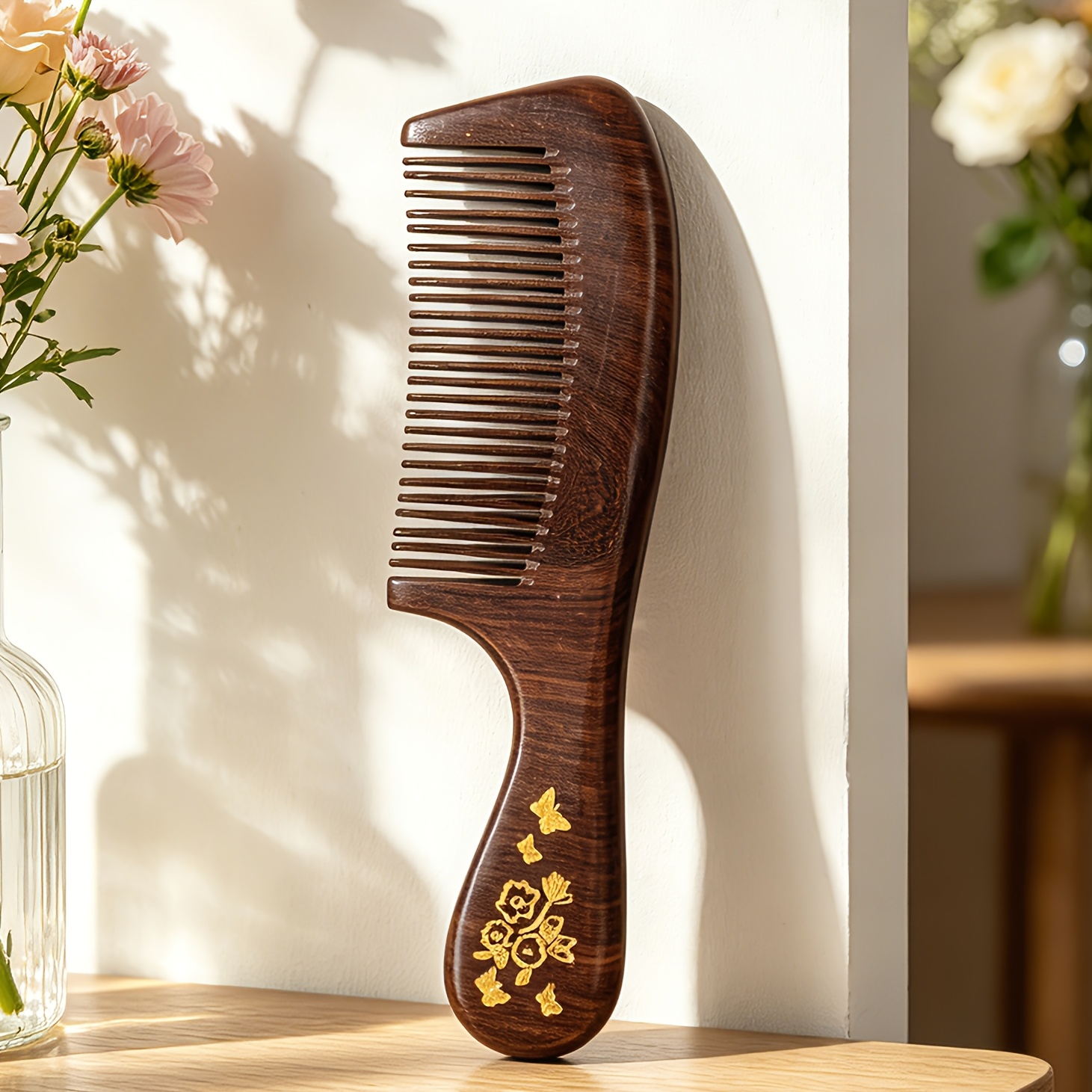 TEMU 1 pc Peigne en bois de Peigne à dents fines Design rétro durable Peigne de massage du cuir pour femmes Coiffure Peigne à cheveux lisses Type de
